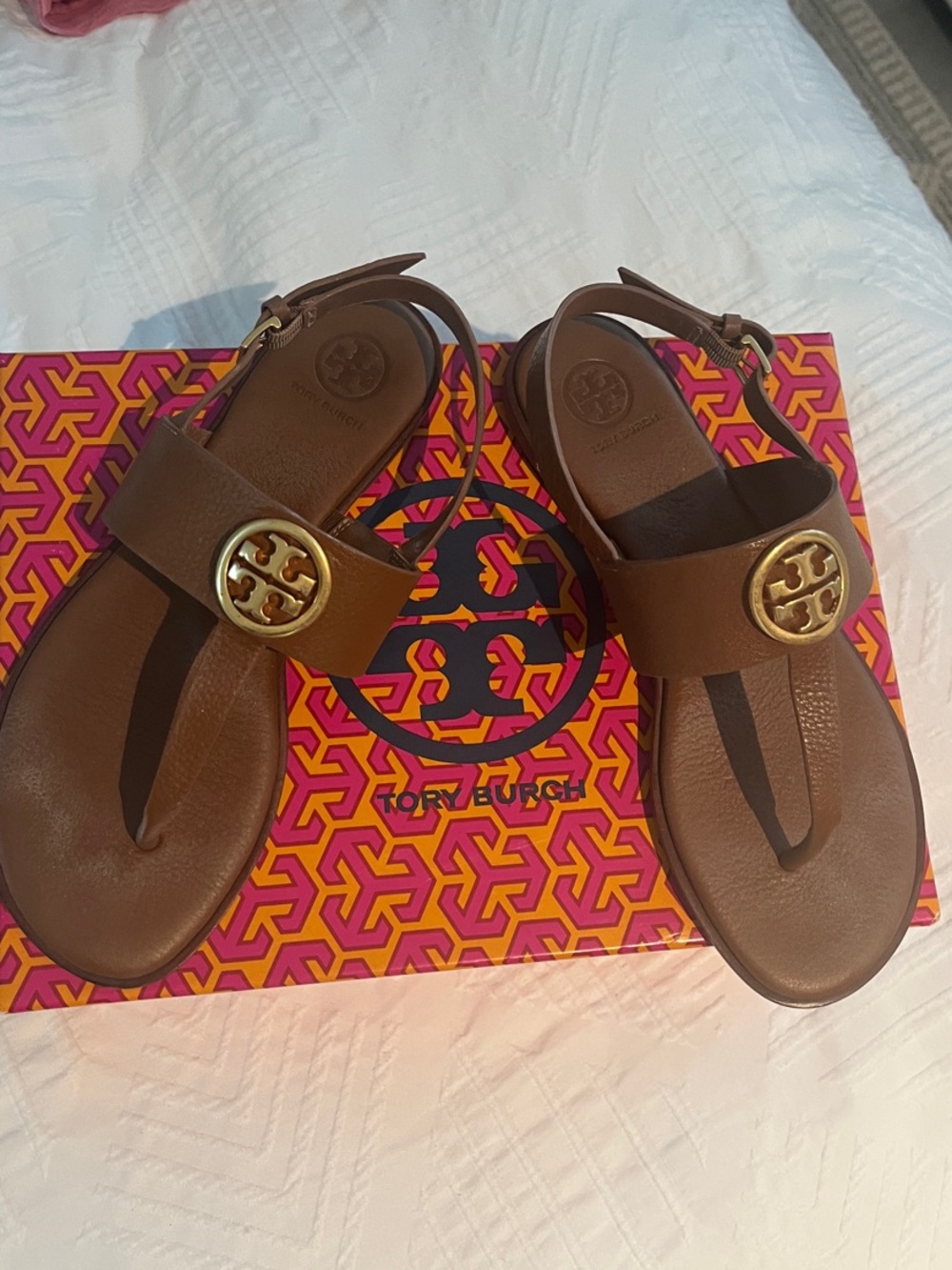 Tory Burch Brown Leather Thong Sandals with Gold Logo Medallions
